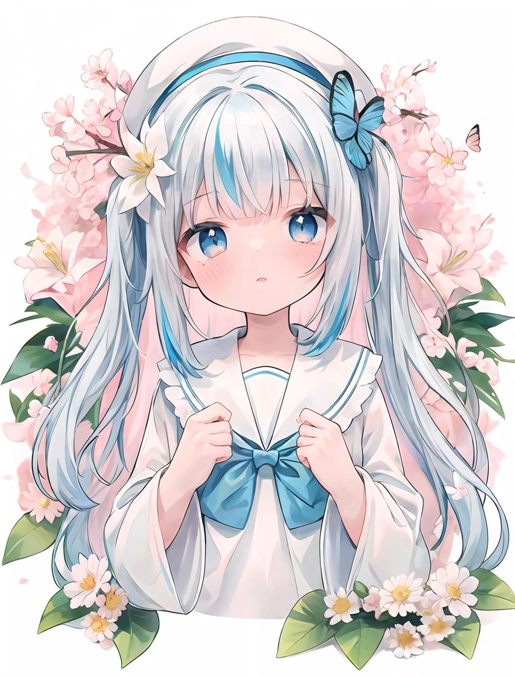 masterpiece, (best quality), (ultra-detailed:1.4),(gawr_gura:1.1),(:1.2),(littl:1.2), small breasts ,multicolored_hair, tail, virtual_youtuber, gawr_gura, , blue_hair, fish_tail, shark_tail, blue_eyes, streaked_hair, shark_hair_ornament, hair_ornament, blunt_bangs, solo, two-tone_hair, two_side_up, bangs , looking_at_viewer ,,
1girl, bangs, beret, blue_flower, blush, braid, branch, bug, butterfly, cherry_blossoms, cropped_torso, daisy, dango, floral_background, flower, hair_flower, hair_ornament, hat, holding_flower, lily_\(flower\), lily_of_the_valley, long_hair, looking_at_viewer, pink_flower, ribbon, sailor_collar, sanshoku_dango, solo,, wagashi, white_background, white_flower
<lora:add_detail:0.6>