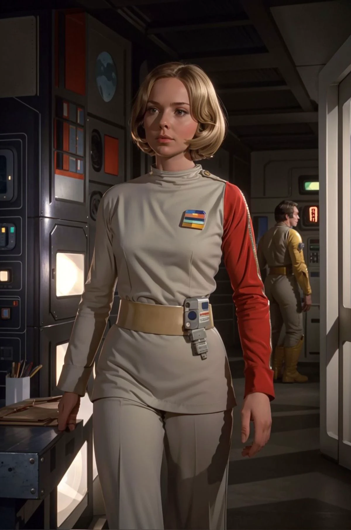 woman on moon base corridor, blonde hair in s1999unf uniform,red left sleeve<lora:S1999unf:0.7>,cowboy shoot,artifical lights,diffuse illumination