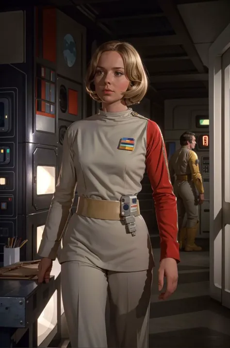 woman on Alpha base corridor, blonde hair in s1999unf uniform,red left sleevecowboy shoot,artifical lights,diffuse illumination