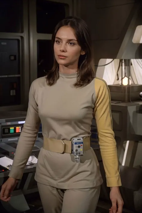 woman on moon base with messy blond hair in s1999unf uniform,yellow left sleeve<lora:S1999unf:0.7>,cowboy shoot,artifical lights,diffuse illumination