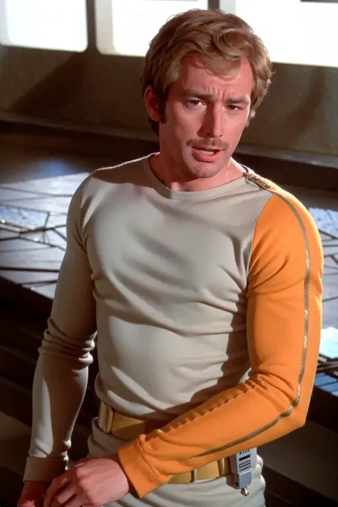 man on moon base with messy blond hair in s1999unf uniform,yellow left sleeve<lora:S1999unf:0.7>,cowboy shoot