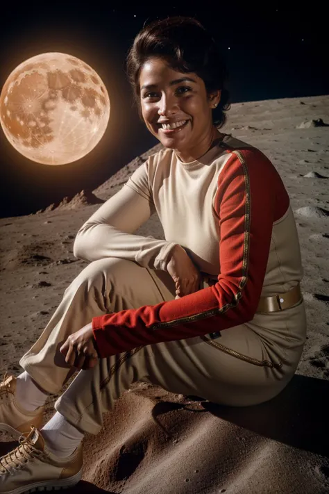 high quality, latino woman in s1999unf uniform,red left sleeve,on the moon,smiling,sitting,at base<lora:S1999_small:0.8>