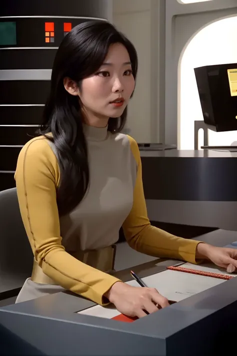 asian woman with long black hair in s1999unf uniform,yellow left sleeve,on moon base<lora:S1999unf:0.8>,bobbed hairs, sitting at control desk