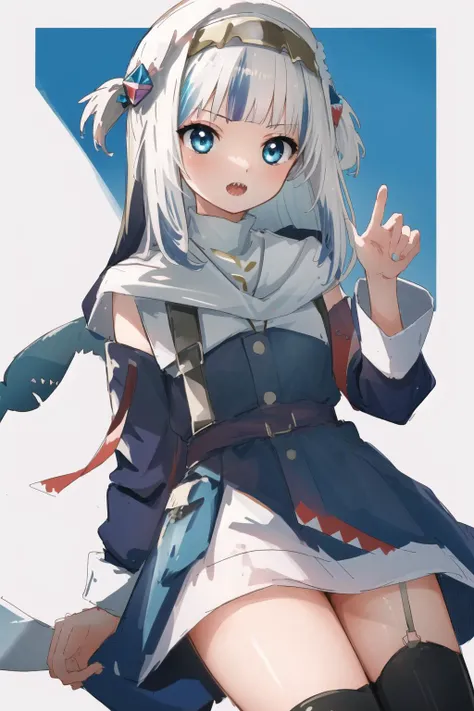 best quality, intricate details,
1girl,<lora:gawrGuraHololiveAll_v4AllOutfits:0.8> gawr gura, sharp teeth, shark tail, two side up, shark hair ornament, cube hair ornament,
<lora:changeACharacterNaughty_v10:0.8> TNun, BNun, LNun,