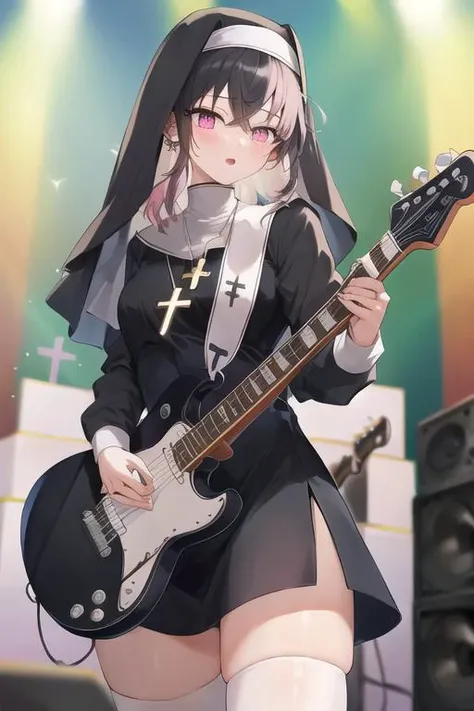 high resolution, high detail, masterpiece, 1girl, adult,black hair, braided ponytail, wearing cross necklace, wearing pink TNun <lora:changeACharacterNaughty_v10:0.8> standing on stage at a rock concert holding guitar