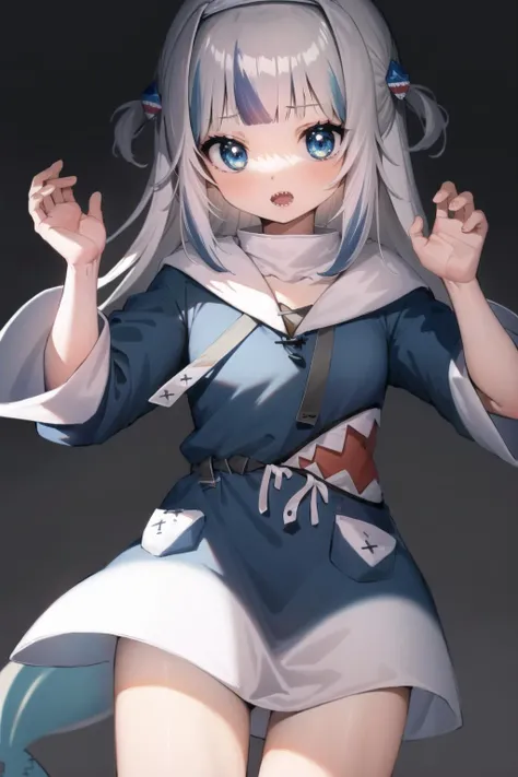 best quality, intricate details,
1girl,<lora:gawrGuraHololiveAll_v4AllOutfits:0.8> gawr gura, sharp teeth, shark tail, two side up, shark hair ornament, cube hair ornament,
<lora:changeACharacterNaughty_v10:0.8> TNun, BNun, LNun,