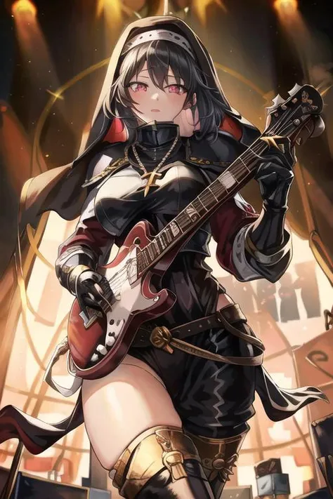high resolution, high detail, masterpiece, 1girl, adult,black hair, braided ponytail, wearing cross necklace, wearing pink TNun <lora:changeACharacterNaughty_v10:0.8> standing on stage at a rock concert holding guitar <lora:warhammerAdeptus_whsororitasV4:0.6>whsororitas style