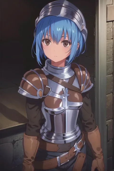 menadshisei, <lora:menad shisei-lora-nochekaiser:1>,
menad shisei, short hair, (brown eyes:1.5), blue hair,
BREAK gloves, armor, shoulder armor, brown gloves, pauldrons, breastplate,
BREAK indoors, castle,
BREAK looking at viewer, (cowboy shot:1.5),
BREAK <lyco:GoodHands-beta2:1>, (masterpiece:1.2), best quality, high resolution, unity 8k wallpaper, (illustration:0.8), (beautiful detailed eyes:1.6), extremely detailed face, perfect lighting, extremely detailed CG, (perfect hands, perfect anatomy),
