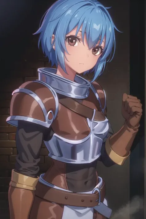 menadshisei, <lora:menad shisei-lora-nochekaiser:1>,
menad shisei, short hair, (brown eyes:1.5), blue hair,
BREAK gloves, armor, shoulder armor, brown gloves, pauldrons, breastplate,
BREAK indoors, castle,
BREAK looking at viewer, (cowboy shot:1.5),
BREAK <lyco:GoodHands-beta2:1>, (masterpiece:1.2), best quality, high resolution, unity 8k wallpaper, (illustration:0.8), (beautiful detailed eyes:1.6), extremely detailed face, perfect lighting, extremely detailed CG, (perfect hands, perfect anatomy),