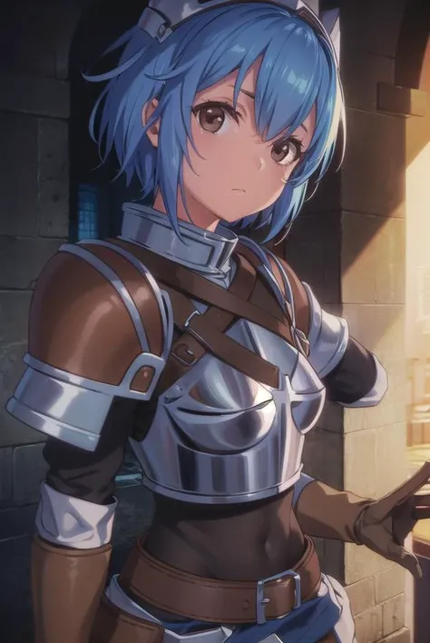 menadshisei, <lora:menad shisei-lora-nochekaiser:1>,
menad shisei, short hair, (brown eyes:1.5), blue hair,
BREAK gloves, armor, shoulder armor, brown gloves, pauldrons, breastplate,
BREAK indoors, castle,
BREAK looking at viewer, (cowboy shot:1.5),
BREAK <lyco:GoodHands-beta2:1>, (masterpiece:1.2), best quality, high resolution, unity 8k wallpaper, (illustration:0.8), (beautiful detailed eyes:1.6), extremely detailed face, perfect lighting, extremely detailed CG, (perfect hands, perfect anatomy),