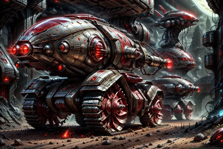 <lora:Xenomechanical World:1> xenomechanicalworld, scifi, futuristic, tank, red, <lora:more_details:1>