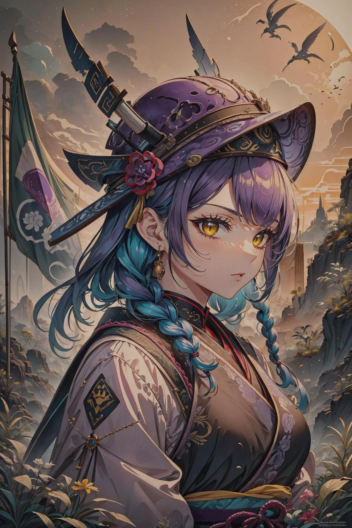 mesmerizing and visually stunning artwork, created by a renowned artist, showcasing intricate details and vibrant colors, official art, quality, High resolution rendering in 4K, flash, diffusion,
<lora:GoodHands-beta2:0.8>,
1 girl, adult (elven:0.7) woman, yellow eyes, black fishtail braid,
portrait, solo, upper body, looking at viewer, detailed background, detailed face, (<lora:Xenomechanical World:0.6> xenomechanicalworld theme:1.1), shogun, purple samurai clothing, samurai helmet, calm, bushido, banner in background, cinematic atmosphere,