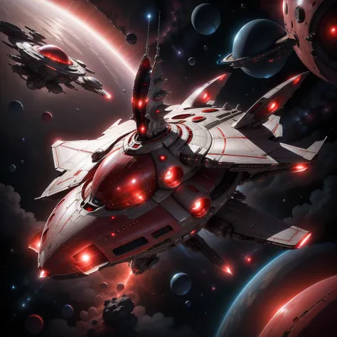 <lora:Xenomechanical World:0.6>, xenomechanicalworld, scifi, futuristic, space ship, red, in space,