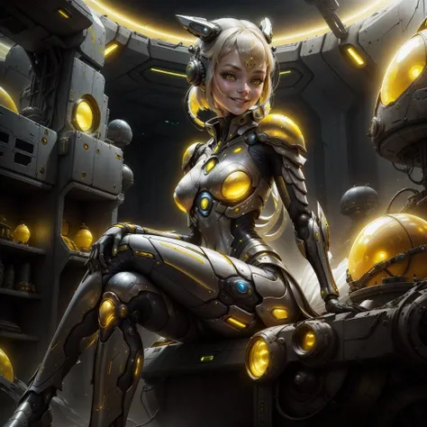 <lora:Xenomechanical World:0.6>, xenomechanicalworld, scifi, futuristic, 1girl, sitting, armoured dress, smiling, looking at viewer, yellow,