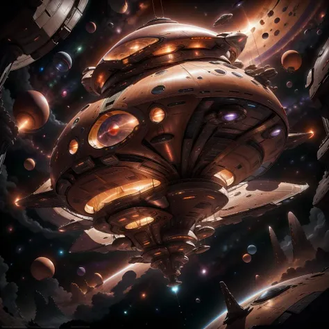 <lora:Xenomechanical World:1>, xenomechanicalworld, scifi, futuristic, space ship, brown, in space,