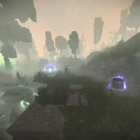 STALCRAFT ,<lora:STALCRAFT-000017:1>  , green water in the forest , cubic character  in electric anomaly ,
