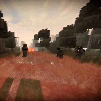 STALCRAFT ,<lora:STALCRAFT-000017:1> , crowd cubic characters, high quality characters , cubic heads, 3d graphic, trees , grass , red overlay , firefight between cube characters