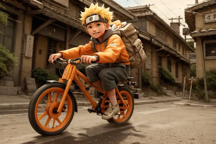 chibinaruto, 1boy, blonde hair, male focus, ground vehicle, solo, bicycle, smile, outdoors, male child, bag, looking at viewer, backpack, sky, day, whisker markings, road, jacket, blurry, brown eyes, orange jacket, child, long sleeves, hoodie, shorts, hood, full body