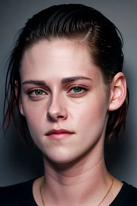 (CR-Kv1st1nStewart-slgmoon:0.99), full color portrait of woman, (oiled shiny skin:1.0), (face closeup:1), slick undercut hair,
masterpiece, best quality, sharp focus, 8k highres, ultra-detailed, rim light, (grey background:1.0),