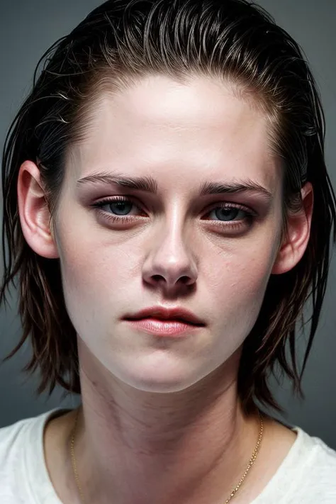(CR-Kv1st1nStewart-slgmoon:0.99), full color portrait of woman, (oiled shiny skin:1.0), (face closeup:1), slick undercut hair,
masterpiece, best quality, sharp focus, 8k highres, ultra-detailed, rim light, (grey background:1.0),