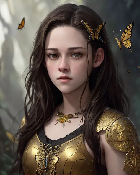 8k portrait of kristenstewart0618v2 with brown hair, intricate, elegant, highly detailed, majestic, digital photography, art by artgerm and ruan jia and greg rutkowski surreal painting gold butterfly filigree, broken glass, (masterpiece, sidelighting, finely detailed beautiful eyes: 1.2), hdr,