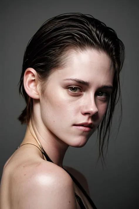 (CR-Kv1st1nStewart-slgmoon:0.99), full color portrait of woman, (oiled shiny skin:1.0), (face closeup:1), slick undercut hair,
masterpiece, best quality, sharp focus, 8k highres, ultra-detailed, rim light, (grey background:1.0),