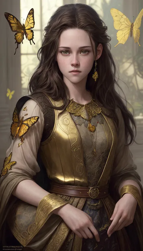 8k portrait of kristenstewart0618v2 with brown hair, intricate, elegant, highly detailed, majestic, digital photography, art by artgerm and ruan jia and greg rutkowski surreal painting gold butterfly filigree, broken glass, (masterpiece, sidelighting, finely detailed beautiful eyes: 1.2), hdr,