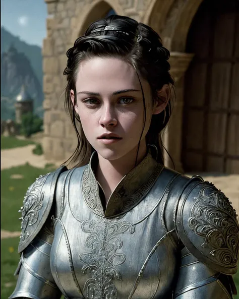 (masterpiece), (extremely intricate:1.3), (realistic), portrait of kristenstewart0618v2, the most beautiful in the world, medieval armor, metal reflections, upper body, outdoors,intense sunlight, far away castle, professional photograph of a stunning woman detailed, sharp focus, dramatic, award winning, cinematic lighting, octane render, unreal engine, volumetrics dtx, film grain