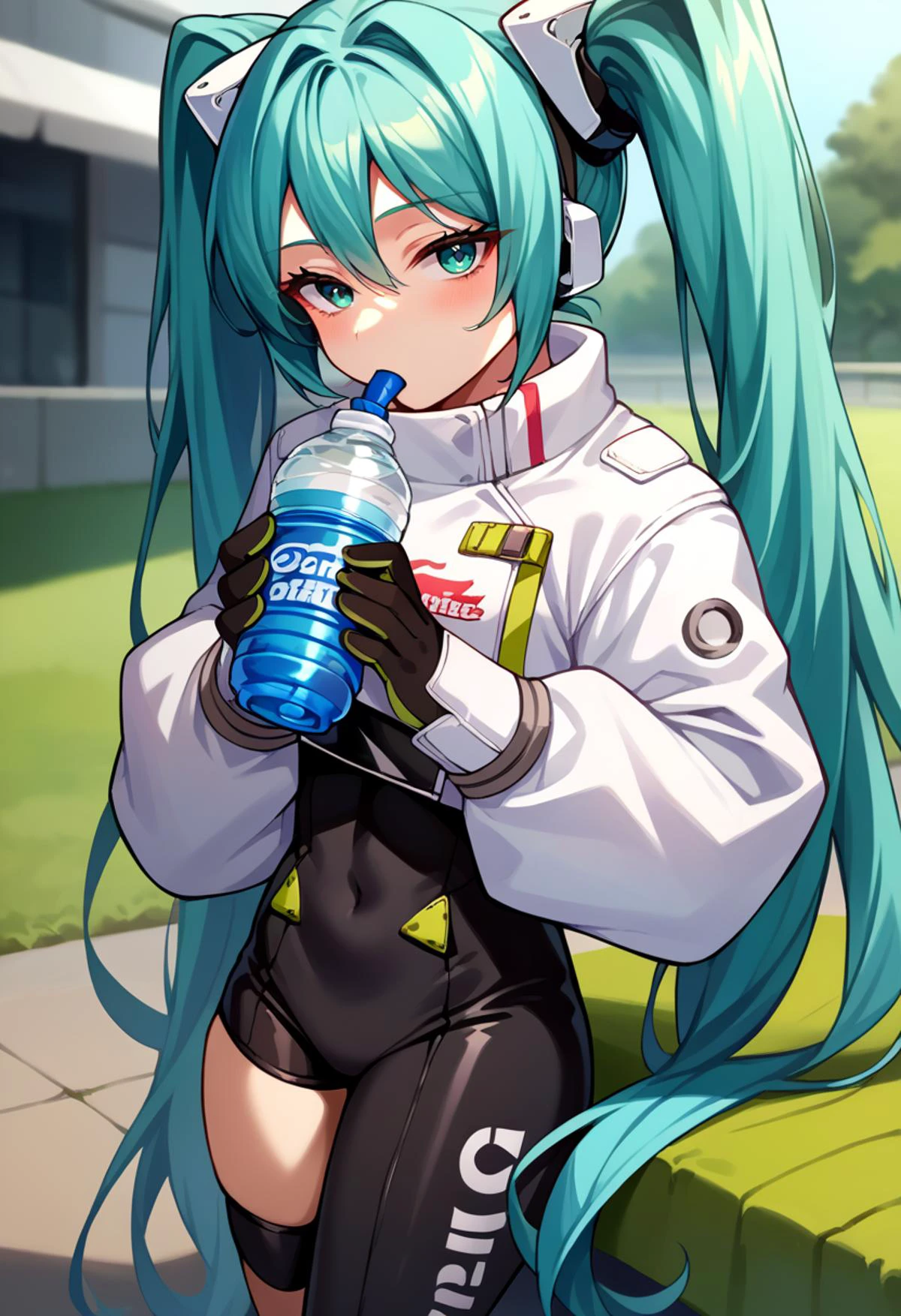 <lora:vocaloid_racingmiku2022_ponyXL:1> racingmiku2022, twintails, aqua hair and aqua eyes, white jacket, cropped jacket, long sleeves, two-tone gloves, black gloves, green gloves, black bodysuit, single thighhigh, single thigh boot, arched back, from side, drinking, water bottle, outdoors, looking at viewer, half-closed eyes, standing,, score_9, score_8_up, score_7_up, source_anime,