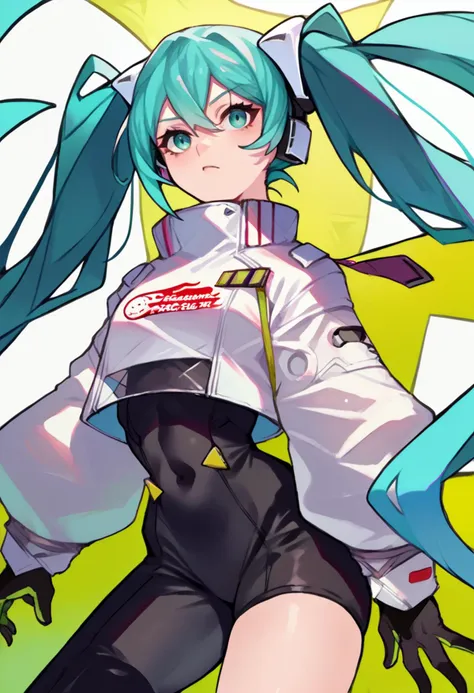 <lora:vocaloid_racingmiku2022_ponyXL:1> racingmiku2022, twintails, aqua hair and aqua eyes, white jacket, cropped jacket, long sleeves, two-tone gloves, black gloves, green gloves, black bodysuit, single thighhigh, single thigh boot,  <lora:Ban!_(bansankan)_PonyXL_style_v01:1>, score_9, score_8_up, score_7_up, source_anime,