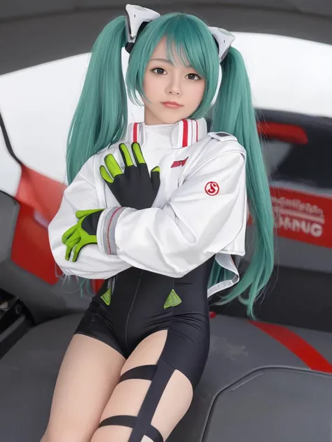 real, japanese, score_9, score_8_up, score_7_up, source_anime, solo, 1girl, racingmiku2022, (smile:0.5), looking at viewer,  twintails, white jacket, cropped jacket, long sleeves, two-tone gloves, black gloves, green gloves, black bodysuit, single thighhigh, single thigh boot, racing, green hair, racing car, 
 <lora:vocaloid_racingmiku2022_ponyXL:0.75>