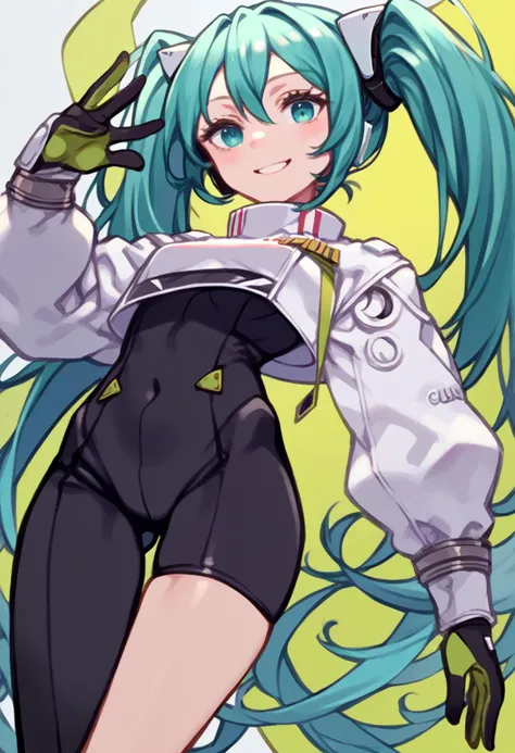 <lora:vocaloid_racingmiku2022_ponyXL:1> racingmiku2022, twintails, aqua hair and aqua eyes, white jacket, cropped jacket, long sleeves, two-tone gloves, black gloves, green gloves, black bodysuit, single thighhigh, single thigh boot, smile, <lora:kuroboshi_kouhaku_PonyXL_style_v01:1>, score_9, score_8_up, score_7_up, source_anime,