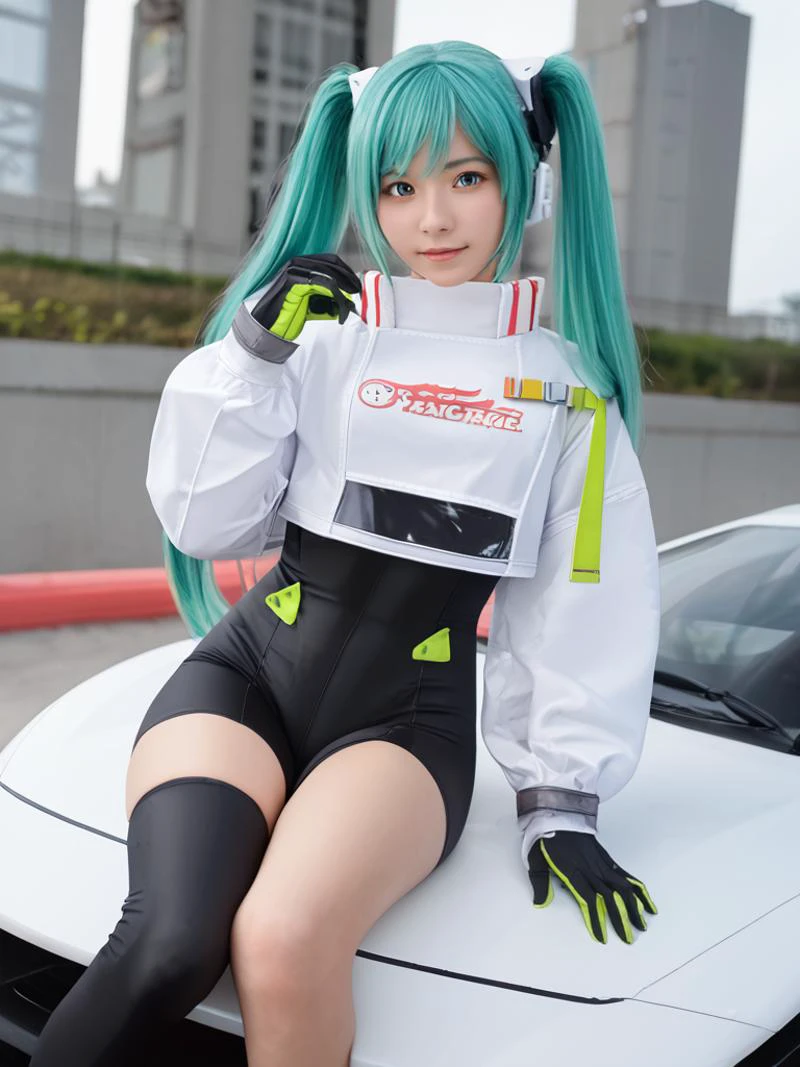 real, japanese, score_9, score_8_up, score_7_up, source_anime, solo, 1girl, racingmiku2022, (smile:0.5), looking at viewer, twintails, white jacket, cropped jacket, long sleeves, two-tone gloves, black gloves, green gloves, black bodysuit, single thighhigh, single thigh boot, racing, green hair, racing car,
<lora:vocaloid_racingmiku2022_ponyXL:0.75>