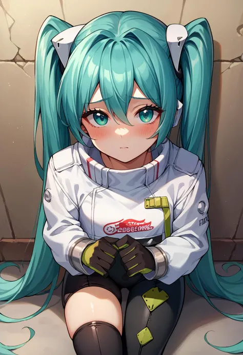 <lora:vocaloid_racingmiku2022_ponyXL:1> racingmiku2022, twintails, aqua hair and aqua eyes, white jacket, cropped jacket, long sleeves, two-tone gloves, black gloves, green gloves, black bodysuit, single thighhigh, pov, against wall, looking at viewer, looking up, blush, shy, kabedon,, score_9, score_8_up, score_7_up, source_anime,