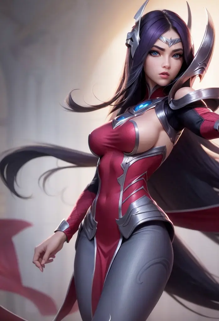 1girl, long hair, ((blue eyes)), solo, black hair, Irelia, looking at viewer, purple hair, armor, lips, shoulder armor, foreshortening, symmetrical eyes, y pose, medieval background, medium brelora:Irel-10:0.6>