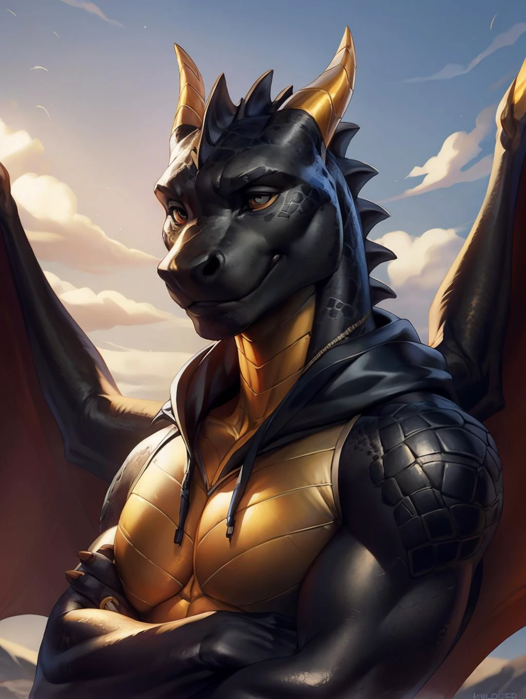 8k, detailed background, scaled detailed, realistic scaled, realistic backgroud
portrait closeup, soft focus, focus male, (front view:0.8),
<lora:SpyroFRL22nO:0.8> and, younger, Anthro Dragon, male, wings, membranous wings, tail, (yellow:1.25) (black) body, musculer,
mysterious look, look view, folded arms on the chest,
hoody,
digital art, by kyander, by wildering, by null-ghost, by multyashka-sweet,