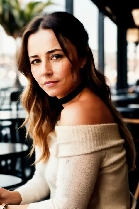 lindaCard1 piercing eyes, looking straight, very happy,long hair, wearing an off-shoulder sweater, choker, closeup portrait, in a outdoor cafe in 2015, afternoon light