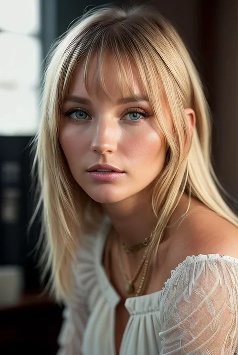 Ultra realistic, 16k, best quality, purple shirt, shirt, young girl, long hair with ponytail, blonde, pale-white skin, forehead protector, neckband, 1 girl, alone, bangs, looking at audience, closed mouth, elbow sleeve, eyes visible through hair, floating hair, foreshortening, blue eyes, hair intake, parted bangs, blonde hair, big natural breasts, big hips, thick legs, detailed background, detailed background, bedroom, (ultra detailed), ( 8K, intricate), light particles, lighting, full body, (highly detailed:1.2), (gradients), SFW, Colorful, (detailed background), Daylight, Alone, Sexy Posing, different sexy poses,