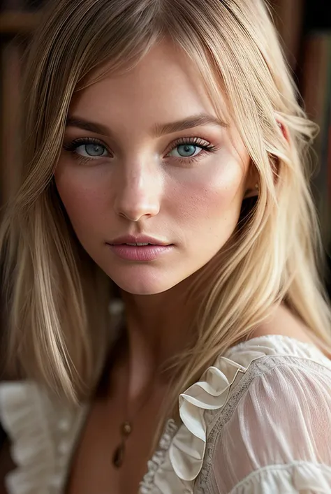 beautiful woman (EP1r1n4B43v4:.99), perfect blonde hair, jewellery, ((portrait)), (closeup:1.2), ((from the waist up)), (((  library :1.2 ))), natural skin texture,  ((  Ruffle dress :1.2)), 24mm, 4k textures, soft cinematic light, adobe lightroom, photolab, hdr, intricate, elegant, highly detailed, sharp focus, ((((cinematic look)))), soothing tones, insane details, intricate details, hyperdetailed, low contrast, soft cinematic light, exposure blend, hdr, faded, now, ("I've got a bad feeling about this.":1.1)