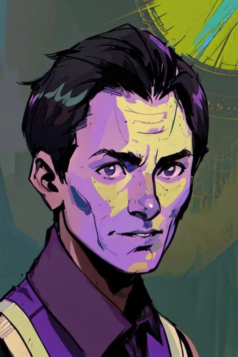 (A_Rostov_Style:0.8) <lora:DE_Alexander_Rostov:0.9>, illustration, portrait, man in purple shirt, black vest, round face, short black hair, flirty dynamic pose, rough brush strokes, soothing tones, calm colors, art by greg rutkowski and artgerm, (intricate details:1.12), hdr, (intricate details, hyperdetailed:1.15)