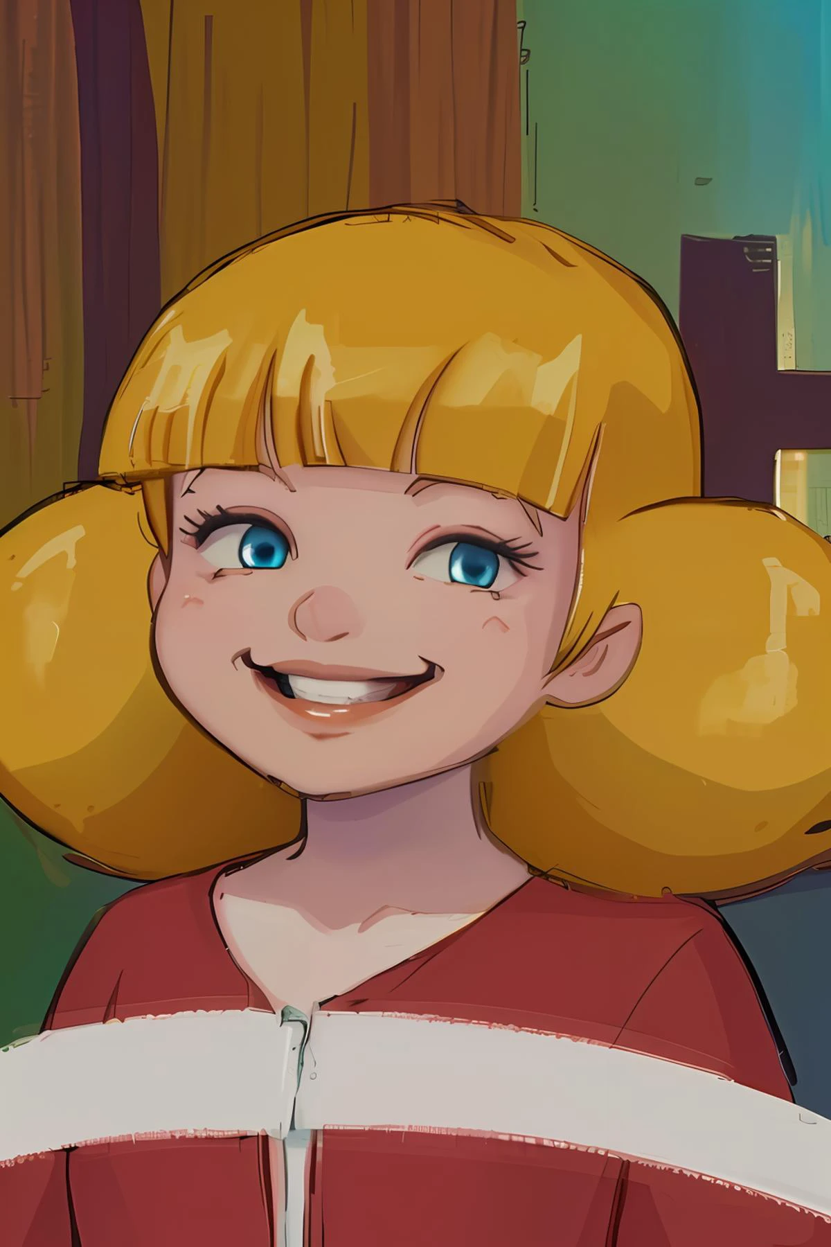 (AS-YoungerV2:1.33), <lora:Penny:0.7>, (yellow hair, blue eyes, twintails, blunt bangs), red shirt,looking at viewer, expressionist | impressionist watercolor, big grin, (masterpiece) (best quality) (detailed) (8k) (cinematic lighting) (intricate), cute modern urban bedroom, <lora:DE_Alexander_Rostov:0.8> A_Rostov_Style