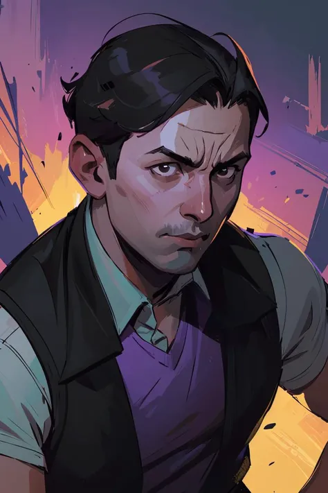 (A_Rostov_Style:0.8),<lora:DE_Alexander_Rostov:0.85>,illustration,portrait,(1man:1.2) in purple shirt,black vest,round face,short black hair,flirty dynamic pose,rough brush strokes,soothing tones,calm colors,art by greg rutkowski and artgerm,(intricate details:1.12),hdr,(intricate details, hyperdetailed:1.15),