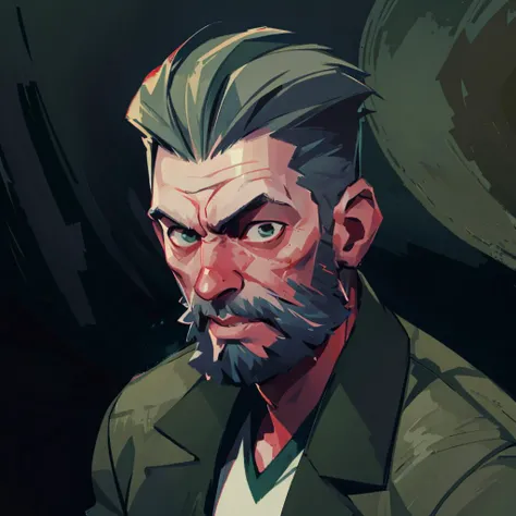 (A_Rostov_Style:0.9), (upper body shot:1.9), (skinny man with round:1.6) in green jacket, alcoholic, swollen face, broken face, short grey hair, beard, flirty dynamic pose, rough brush strokes, soothing tones, calm colors, <lora:DE_Alexander_Rostov:0.9>