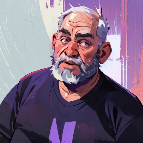 (A_Rostov_Style:0.9), (upper body shot:1.9), (fat old man:1.6) in purple shirt, alcoholic, swollen face, broken face, short grey hair, beard, flirty dynamic pose, rough brush strokes, soothing tones, calm colors, <lora:DE_Alexander_Rostov:0.9>