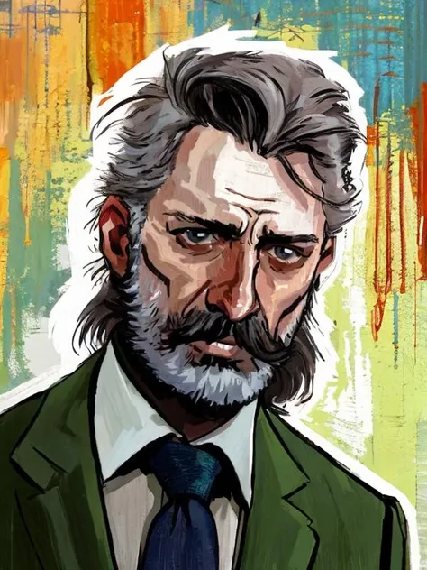 (A_Rostov_Style:0.8) <lora:DE_Alexander_Rostov-06:0.9>, illustration, portrait, drunken man, puffy eyes, green jacket, white shirt, colored tie, beard, mustache, sideburns, dark hair, angry and drunken , flirty dynamic pose, rough brush strokes, soothing tones, calm colors, art by greg rutkowski and artgerm, (intricate details:1.12), hdr, (intricate details, hyperdetailed:1.15)