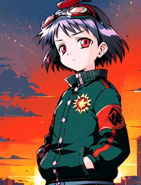 solo, chewing gum, 1girl, red eyes, black hair, hands in pockets, goggles, bubble blowing, shameimaru aya, sunburst, english text, short hair, jacket, goggles on head, sunburst background, tokin hat, looking at viewer, hair between eyes, alternate costume, pom pom (clothes),<lora:ruriko_v2.0:0.95>,ruriko,<lora:GoodHands-beta2:1>,