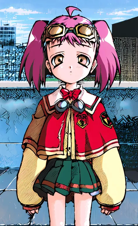 1girl,goggles,goggles on head,solo,pink hair,skirt,long hair,looking at viewer,twintails,ahoge,shirt,outdoors,bow,capelet,striped skirt,white shirt,long sleeves,building,vertical-striped skirt,striped,brown eyes,low twintails,bangs,ribbon,collared shirt,frilled skirt,hair bow,yellow eyes,red bow,black capelet,bird,city,sky,blush,bowtie,standing,<lora:ruriko_v2.0:1>,ruriko,