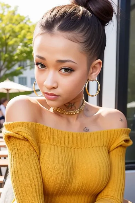 piercing eyes, looking straight, a 20 year old cute skidi-6500, very happy,short double bun, wearing an off-shoulder sweater, choker, closeup portrait, in a outdoor cafe in 2015, afternoon light