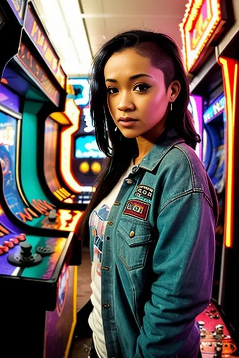 ((wide angle)) (( poster)), ((wearing casual grunge clothes)) ((at an arcade)), ((looking at camera)), skind5k, Detailed, Detailed pretty face, Sharp Focus, (Detailed and intricate), Leica 35mm F2.8, Fuji Superia Reala 100