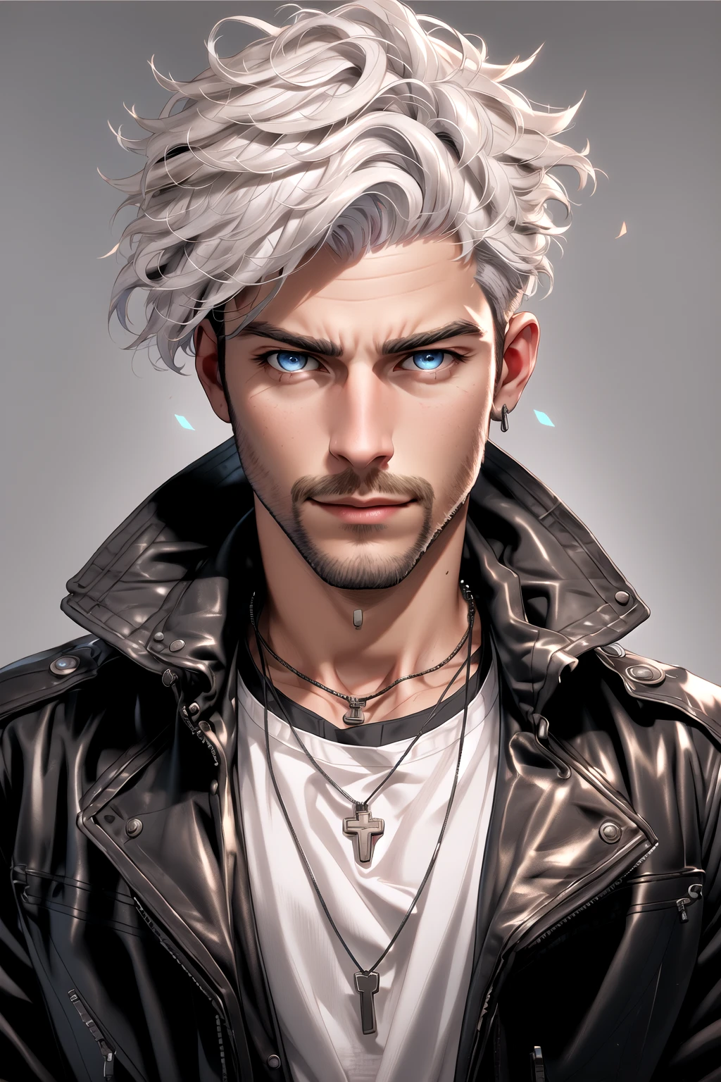 Andrew Ennis-Bryant, Andrew Ennis-Bryant, 1boy, beard, black jacket, blue eyes, closed mouth, dog tags, facial hair, grey background, jacket, jewelry, leather, leather jacket, looking at viewer, male focus, necklace, open clothes, open jacket, realistic, shirt, simple background, solo, stubble, upper body, white hair, white shirt <lora:AndyEnnis:1>